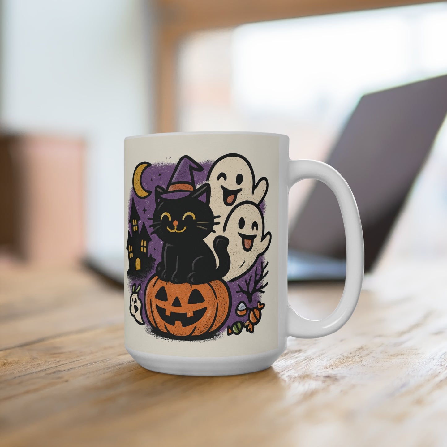 Halloween Cat and Ghost Mug, 15oz Ceramic Coffee Cup, Fall Decor, Spooky Gift, Cute Witch Mug, Trick or Treat Drinkware