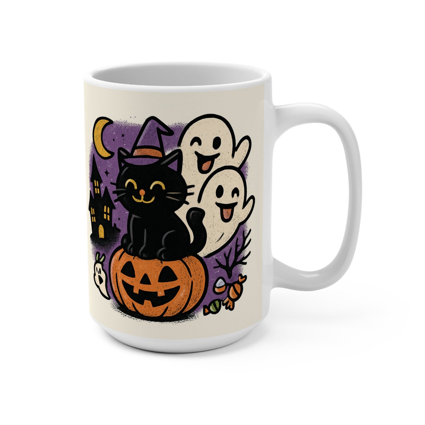 Halloween Cat and Ghost Mug, 15oz Ceramic Coffee Cup, Fall Decor, Spooky Gift, Cute Witch Mug, Trick or Treat Drinkware
