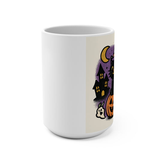 Halloween Cat and Ghost Mug, 15oz Ceramic Coffee Cup, Fall Decor, Spooky Gift, Cute Witch Mug, Trick or Treat Drinkware